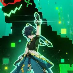 an anime character is standing in front of green and red squares with her arms up