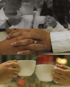 two people holding coffee cups and smiling at each other with their hands wrapped around them