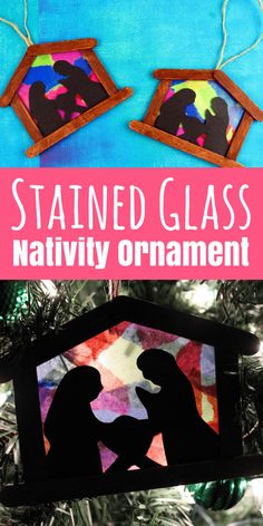 stained glass nativity ornament hanging on a christmas tree with the text stained glass nativity ornament