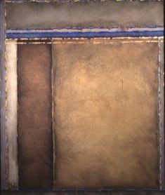 an abstract painting with brown and blue stripes