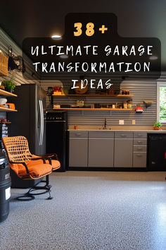 a kitchen with an orange chair in the center and black cabinets on both sides that have white lettering over them