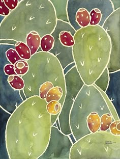 a painting of a cactus plant with red and yellow flowers on it's leaves