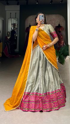 Look amazing adorning off white color jacquard silk lehenga choli with beautiful weaving work with ikkat kanjivaram.
Look amazing adorning off white color jacquard silk lehenga choli with beautiful weaving work with ikkat kanjivaram.