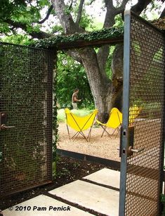 a yellow chair sitting in the middle of a yard next to a tree and fence