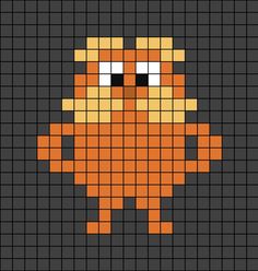 A pixel art template of the Lorax character. Turkey Pixel Art, Lorax Perler Beads, Cute Pearler Beads Ideas Easy, Books Pixel Art, 20x20 Pixel Art, Mha Pixel Art, Movie Pixel Art, Grunge Pixel Art, Pixel Drawing Easy