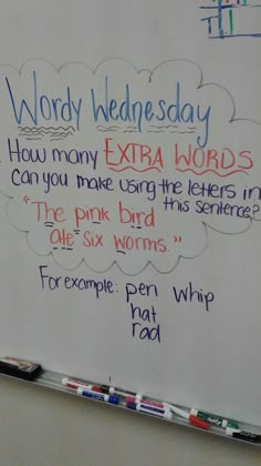 a white board with writing on it that says word wednesday how many extra words can you make using the letters in?