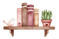 a watercolor painting of books and a bird on a shelf with a potted plant