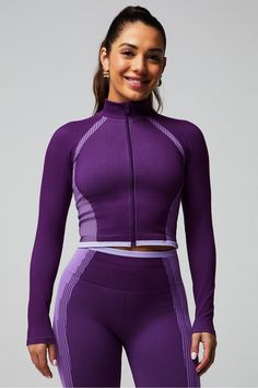 Seamless Fusion Jacket Fabletics purple female Activewear >> Womens >> Jackets & Outerwear >> Jackets Seamless regular Chafe-Resistant/Moisture-Wicking Female Biker Outfit, Female Biker, Workout Tops For Women, Biker Outfit, Workout Fits, Womens Jackets, Wearing Clothes, Workout Wear