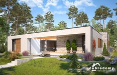 an artist's rendering of a modern house in the woods with trees and shrubs