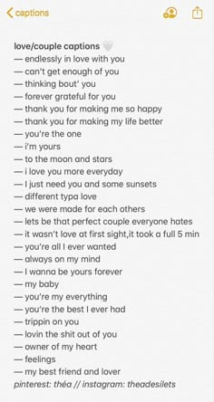 a list with words written on it that says, i love you and other things