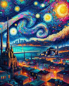 a painting of the night sky over a city with lots of lights and stars in it