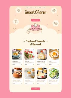 the website for sweet charm is displayed on a pink background, with images of food and desserts