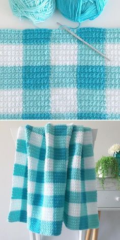 crochet blanket with yarn on top and in the middle next to it is a knitting needle