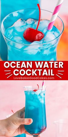 the ocean water cocktail is in a tall glass with a cherry on top