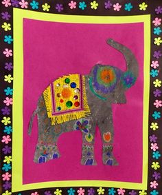 an elephant made out of paper on a pink and black background with flowers around it