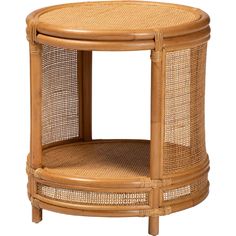 a round wooden table with wicker on the top and bottom shelf, isolated against a white background