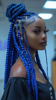 Jumbo Box Braids With Color, Different Color Knotless Braids, Blue Goddess Braids, Blue Hairstyles For Black Women, Blue Braids For Black Women, Box Braids Blue, Blue Hair Braids, Blue Knotless Braids, Blue Knotless