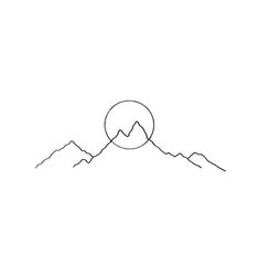 a line drawing of mountains with the sun in the sky above them and a circle at the top