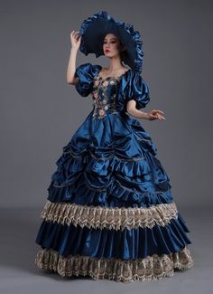 High-end Blue And Yellow Flower Baroque Dress Civil War Ball Gown Reenactment Theatre Costume Masquerade Party Dresses, Gothic Victorian Dresses, Southern Belle Dress, Baroque Dress, Rococo Dress, Hoop Skirt, Party Dresses Online, Belle Dress, Theatre Costumes