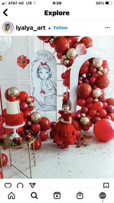 a red and gold birthday party with balloons, cake, and decorations on instagram