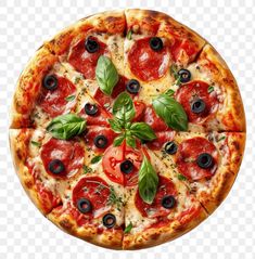 a pizza with pepperoni, olives and basil leaves on the top is cut in half