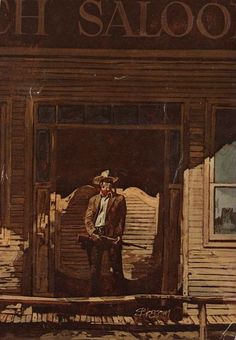 an old photo of a man standing in front of a saloon