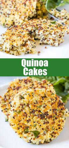 quinoa cakes on a plate with spinach leaves