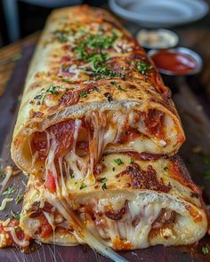 a close up of a pizza roll on a table