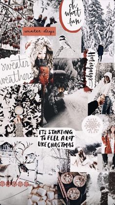 a collage of photos with words and pictures on them that include people, snowflakes, trees, and other things