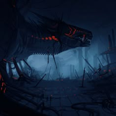 an illustration of a large dinosaur in the middle of a dark, spooky forest