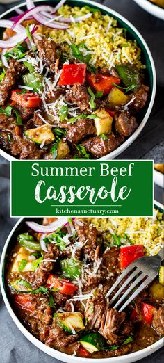 two bowls filled with beef casserole and vegetables