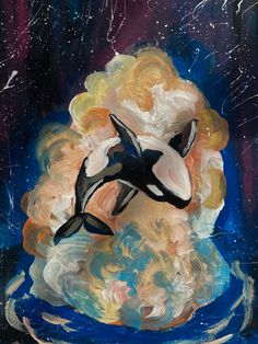 an acrylic painting of two orca whales riding on top of each other