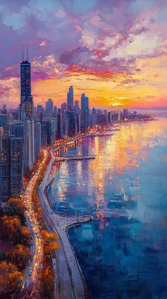 "Chicago Skyline at Sunrise: Impressionist Pastel Artwork Inspiration" Grand Prix Posters, Pastel Artwork, Fashion Gal, Chicago Art, Background Photos, City Painting, Chicago Skyline, Acrylic Painting Tutorials