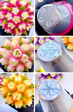 four pictures of different types of flowers being used to make soaps and lotions