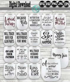 12 wine glasses with different sayings on them, all in black and white colors