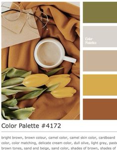 the color palette is yellow, brown, and caramel with some green leaves on it