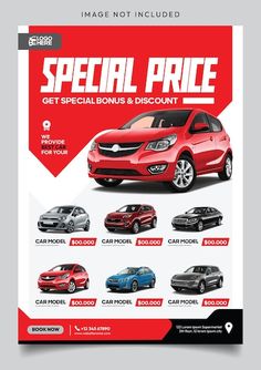 a red car sale flyer with different cars