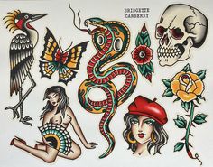 an assortment of temporary tattoos on a white sheet with flowers and skulls in the background