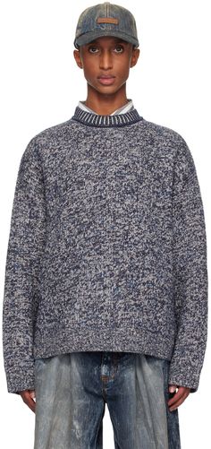 Knit wool-blend sweater. · Relaxed-fit · Rib-knit crewneck, hem, and cuffs · Dropped shoulders · Jacquard logo graphic at back Supplier color: Blackbird blue/Multi Acne Shop, Jacquard Sweater, Blackbird, Knit Crewneck, Wool Blend Sweater, Logo Graphic, Black Bird, Apparel Accessories, Rib Knit