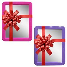 two purple and pink gift boxes with red ribbons on them, one has a bow