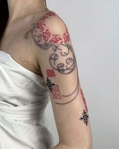 Red Arm Band Tattoo For Women, Chinese Watercolor Tattoo, Lattice Tattoo, Red Ornamental Tattoo, You Are Art Tattoo, Hanbok Tattoo, Euro Trash Tattoo, Fine China Tattoo, Warp Tattoo