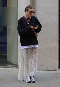 Scandi Date Night Outfit, Trend Spring 2025 Outfit, Sheer Skirt Outfit Street Styles, Black Silk Maxi Skirt Outfit, Business Casual Party Outfit, 2025 Outfit Trends, 2024 Autumn Outfits Trends, White Skirt Outfit Winter, Casual Outfits Wedding