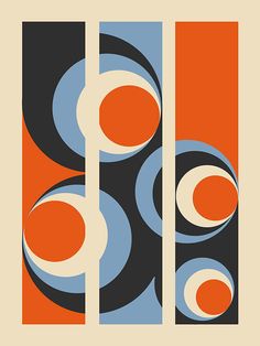 an orange, black and blue poster with circles on the bottom half of each panel