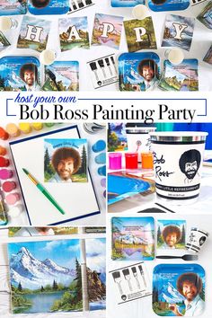 collage of bob ross paintings and party supplies with text overlay that reads, host your own bob ross painting party