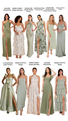 different types of dresses are shown in this image, with the names and colors on them