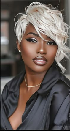 Grey Hair Styles For Black Women, Short Natural Pixie Haircut Black Women, Blonde Hair Dark Skin Women, Pixie Cut On Round Face, Brown And Blonde Hair Black Women, Grey Hairstyles For Black Women, Short Grey Hair Black Women, White Platinum Blonde Hair, Holiday Hairstyles For Black Women