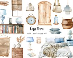 watercolor bedroom clipart set with furniture, bookshelf and lamp on white background