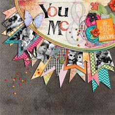 scrapbooking page with an assortment of pictures and words on the bottom right corner