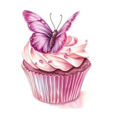 a cupcake with pink frosting and a butterfly on top