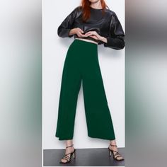 Brand New With Tags High-Waisted, Wide-Leg Forest Green Pants / Culottes By Zara. Side Zip. In Excellent Condition. Creases Are Due To Folding And Being Kept In A Storage Box. Smoke/Pet Free Home. Size: S Green Bottoms With Elastic Waistband For Work, Green Elastic Waistband Bottoms For Workwear, Green High-waisted Wide Leg Pants For Fall, Chic Green Bottoms With Elastic Waistband, Trendy Green Ankle-length Wide Leg Pants, Elegant Green Bottoms For Spring, Elegant Green Spring Bottoms, Green Versatile Bottoms For Spring, Versatile Green Bottoms For Spring